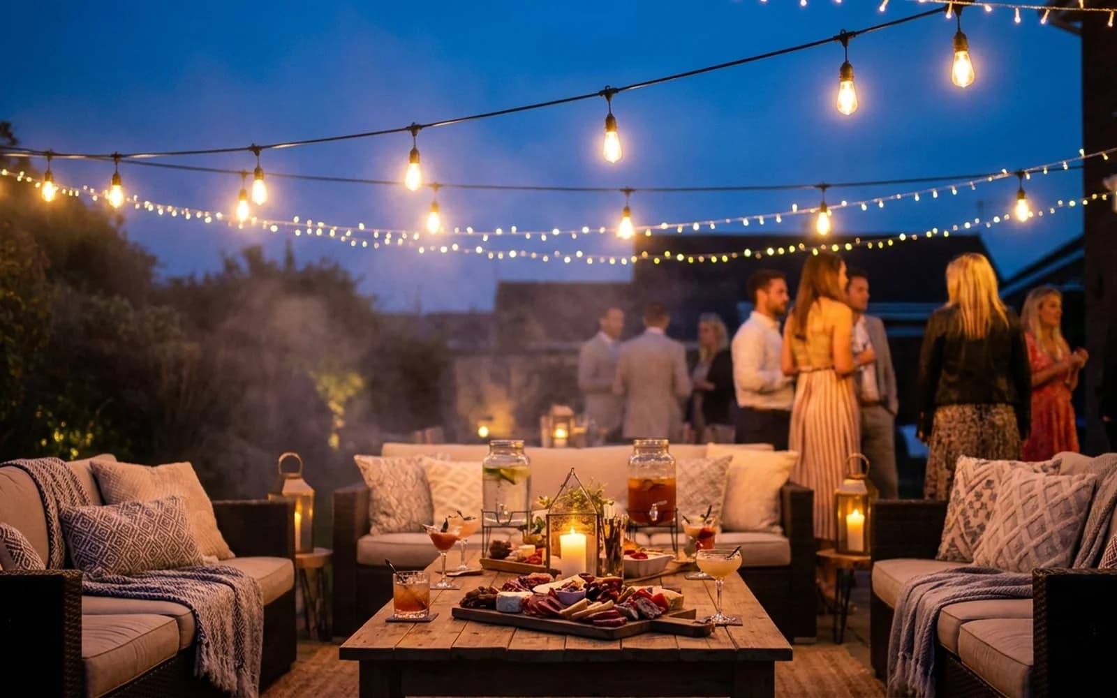 A styled backyard party with festoon lighting and lounge furniture