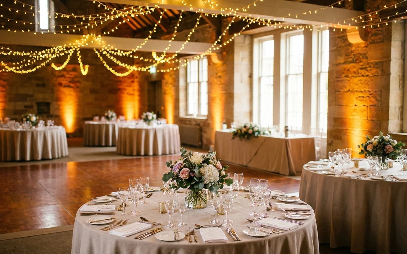 An elegant function room dressed for a party with a dancefloor