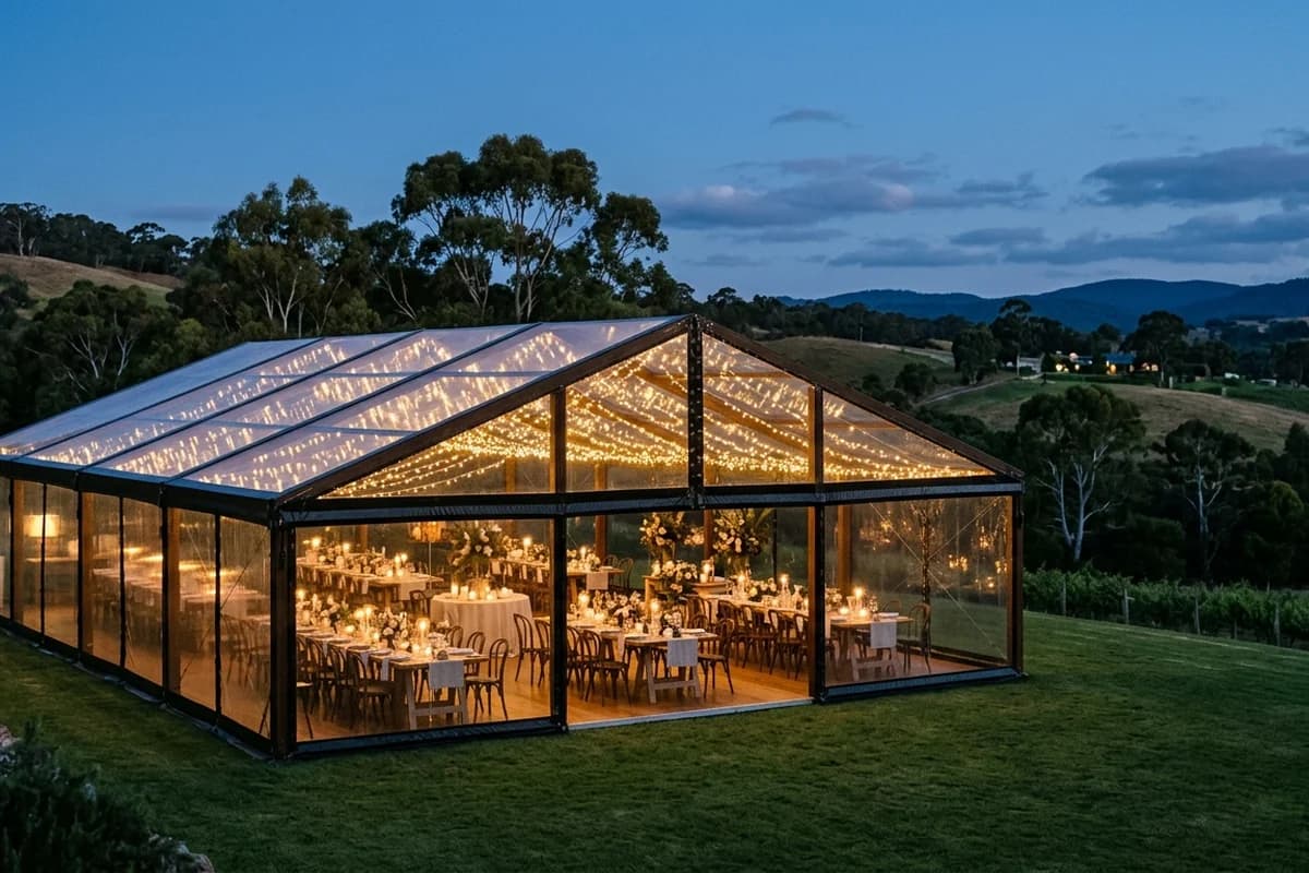 A clear-roof marquee set up for an event in the Adelaide Hills at dusk