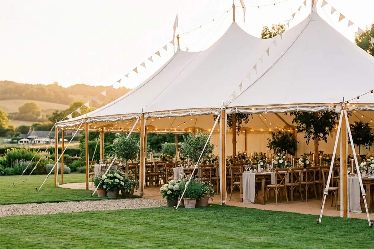 A white-peak marquee set up on a rural property in Adelaide's north